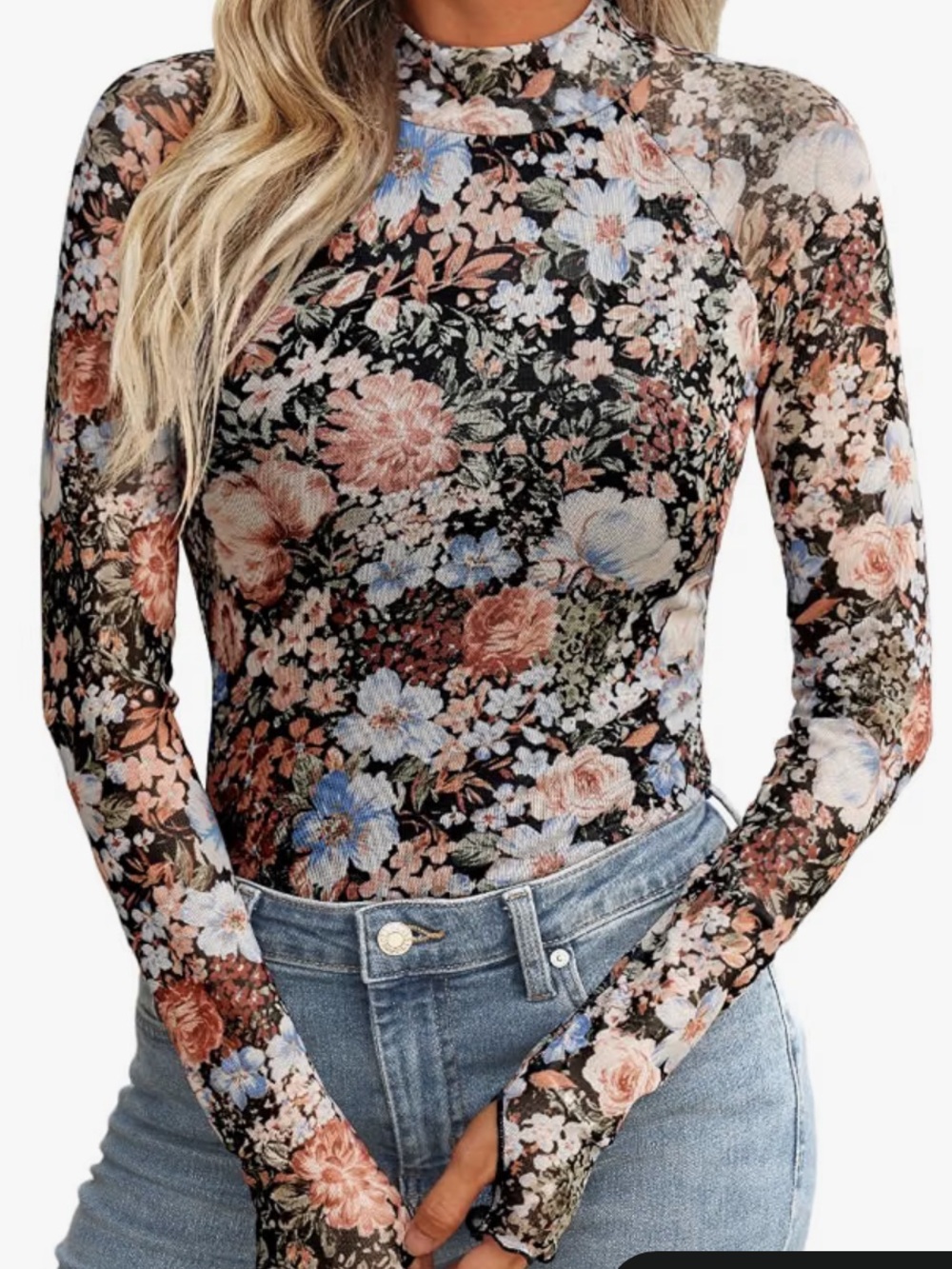 Women’s lace sheet Floral Mesh Long-Sleeve Top - Black & Rose size large